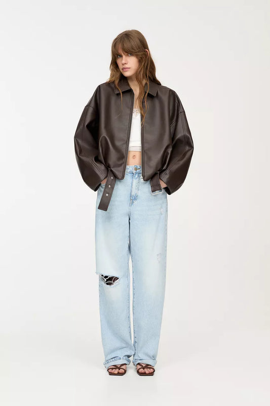 Indigo Leather Bomber Jacket